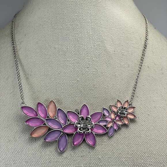 Silver Tone Flower Floral Enamel Bib Collar Statement Necklace Boho Spring - Picture 1 of 7